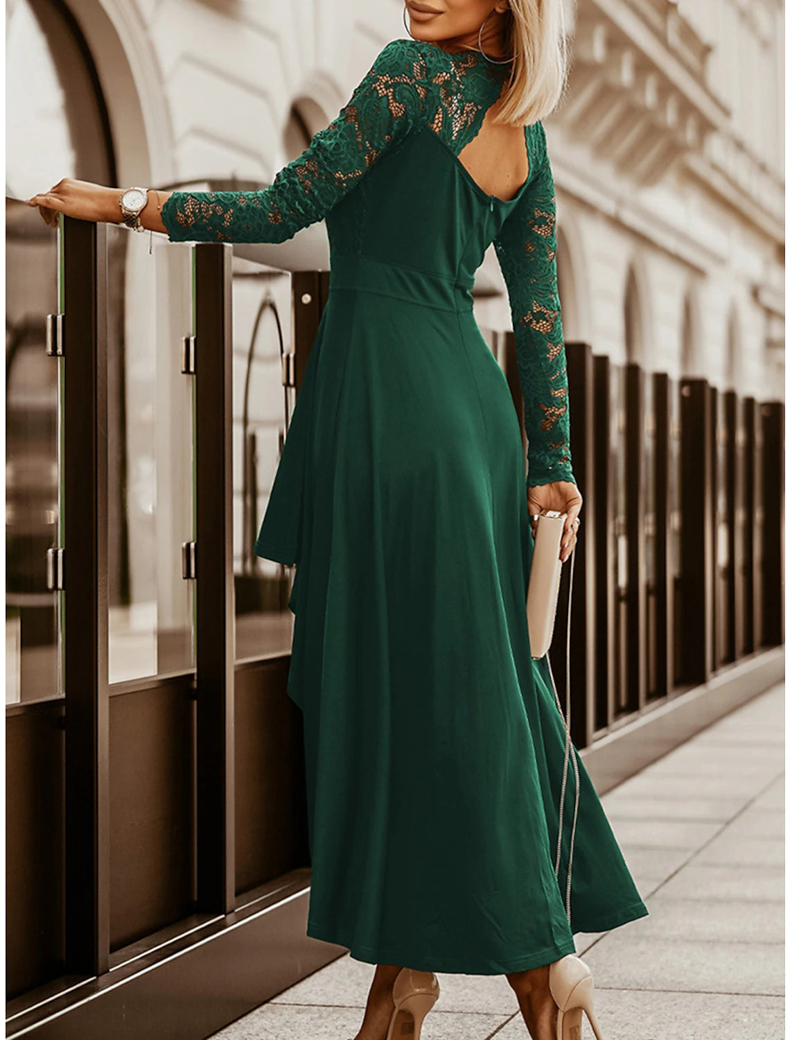 Vestido de fiesta para mujer, vestido de fiesta, vestido de encaje, vestido largo, vestido maxi, negro, vino, verde, manga larga, color puro, encaje, otoño, invierno, cuello en V, moda, vestido de invierno, para invitadas de boda, cumpleaños